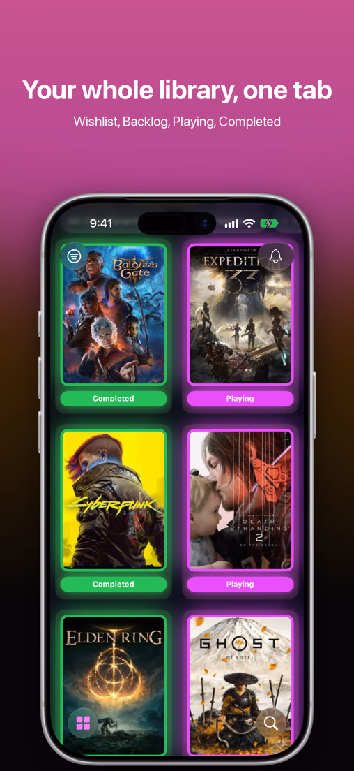 Library: your whole library in one tab, filtered by Wishlist, Backlog, Playing and Completed
