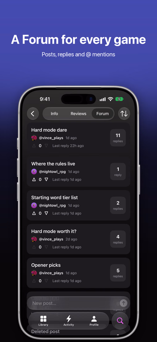 Forum: posts, replies and @ mentions on every game